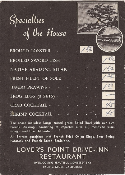 Lovers Point Drive Inn Post Card Menu